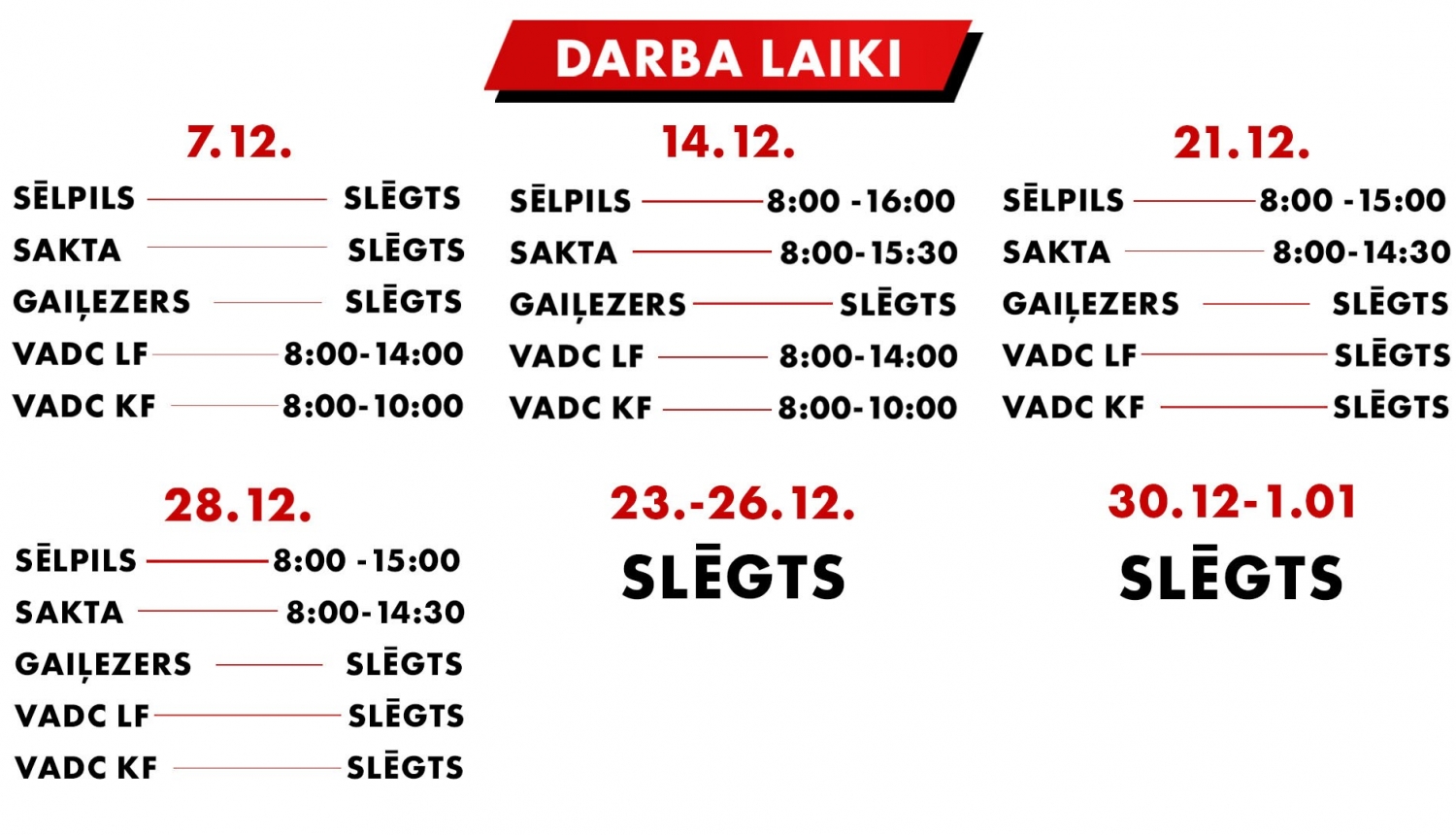 Darba laiki decembrī